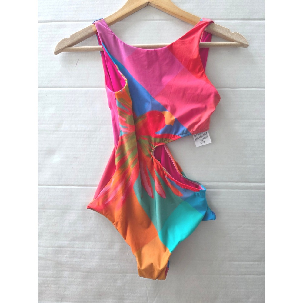 🌴 FARM Rio Painted Birds Plaid 1-Piece Swimsuit | Tropical Artsy-Eclectic Sz XS
